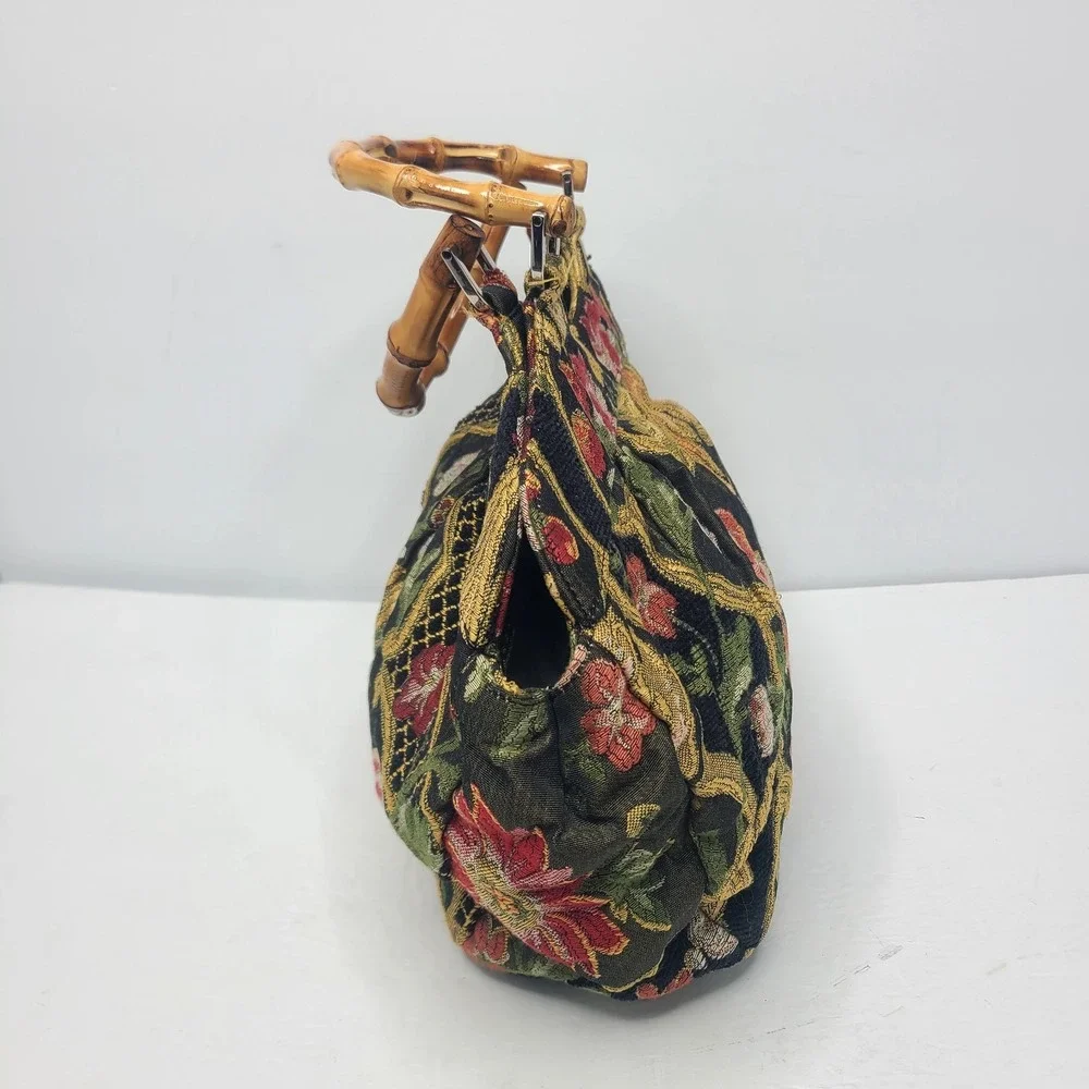 Vintage Talbots Bag Floral‎ Tapestry Purse Bamboo Handles Magnetic Closure Y2K